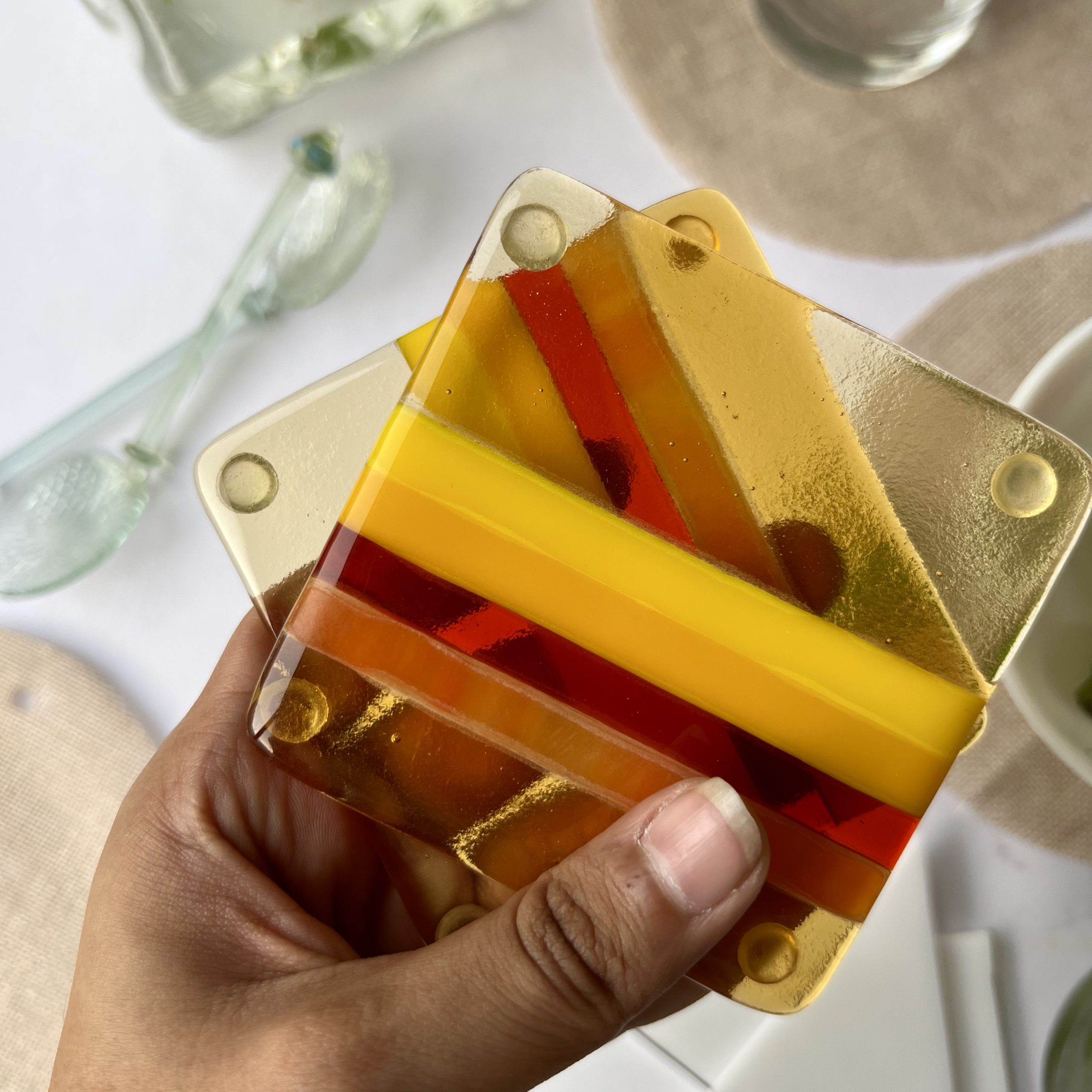Amber and Blood Red Fused Glass Square Coasters