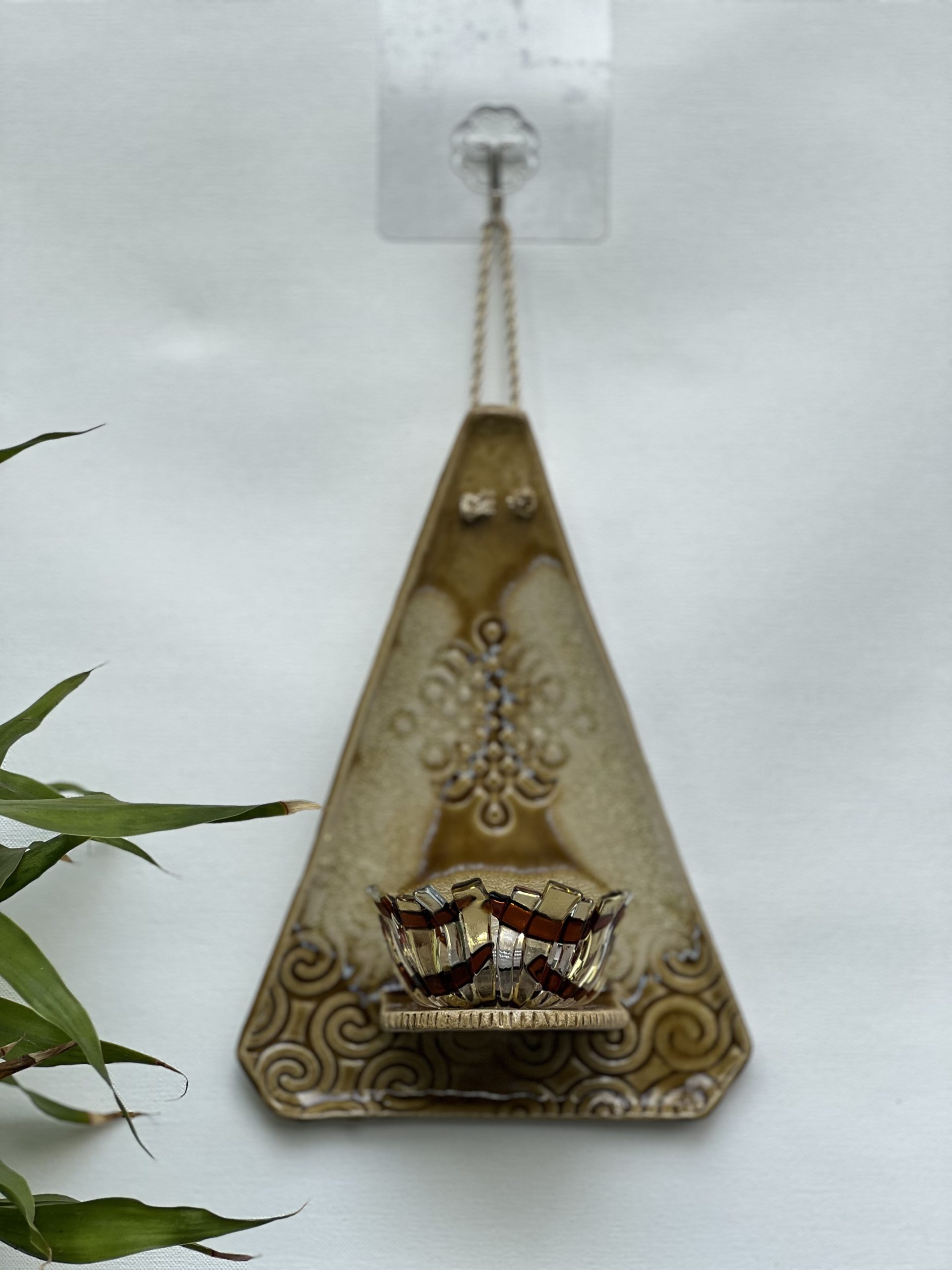 Trikon wall hanging with fused glass tea light holder