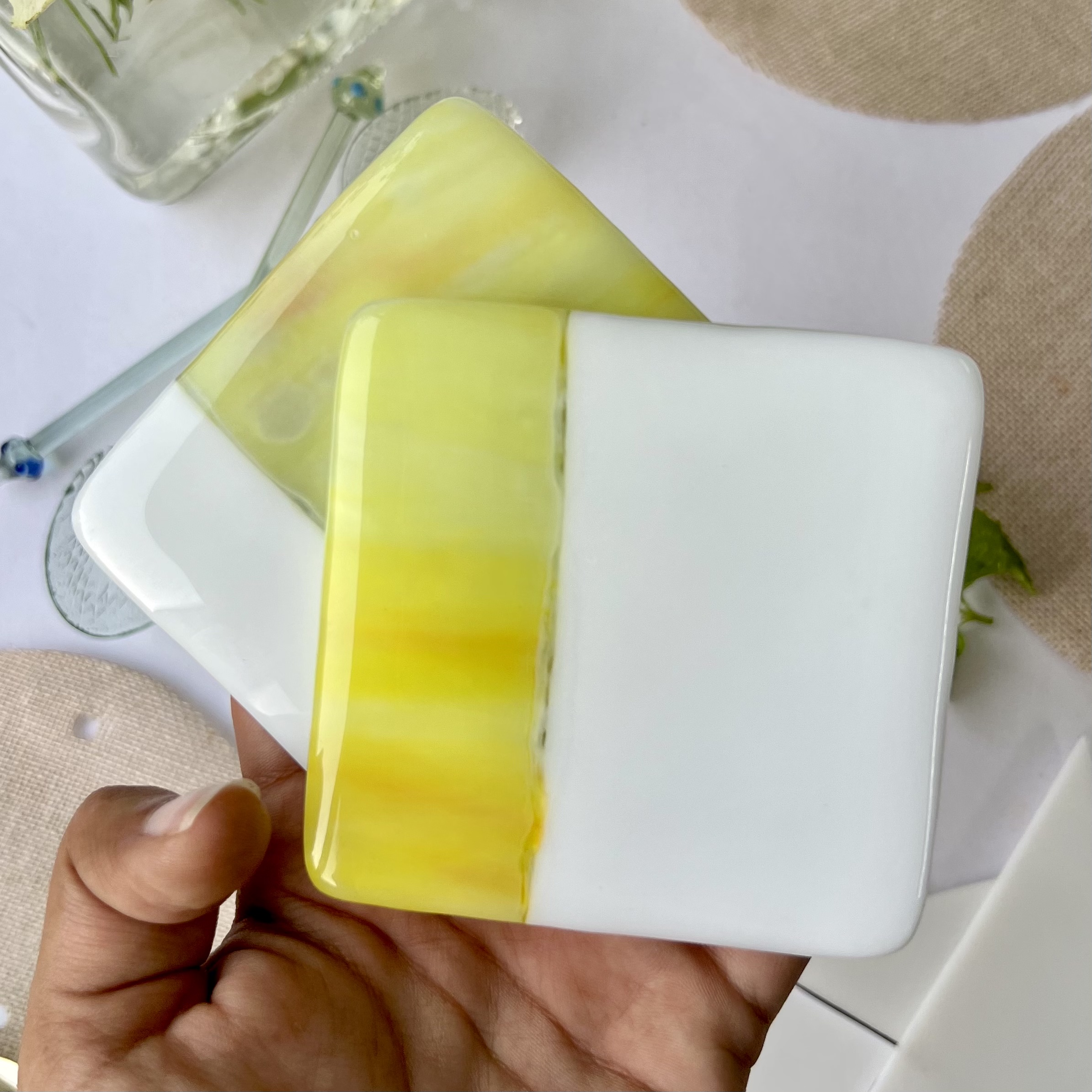 Flaxen Yellow & Solid Milk White Fused Glass Square Coasters