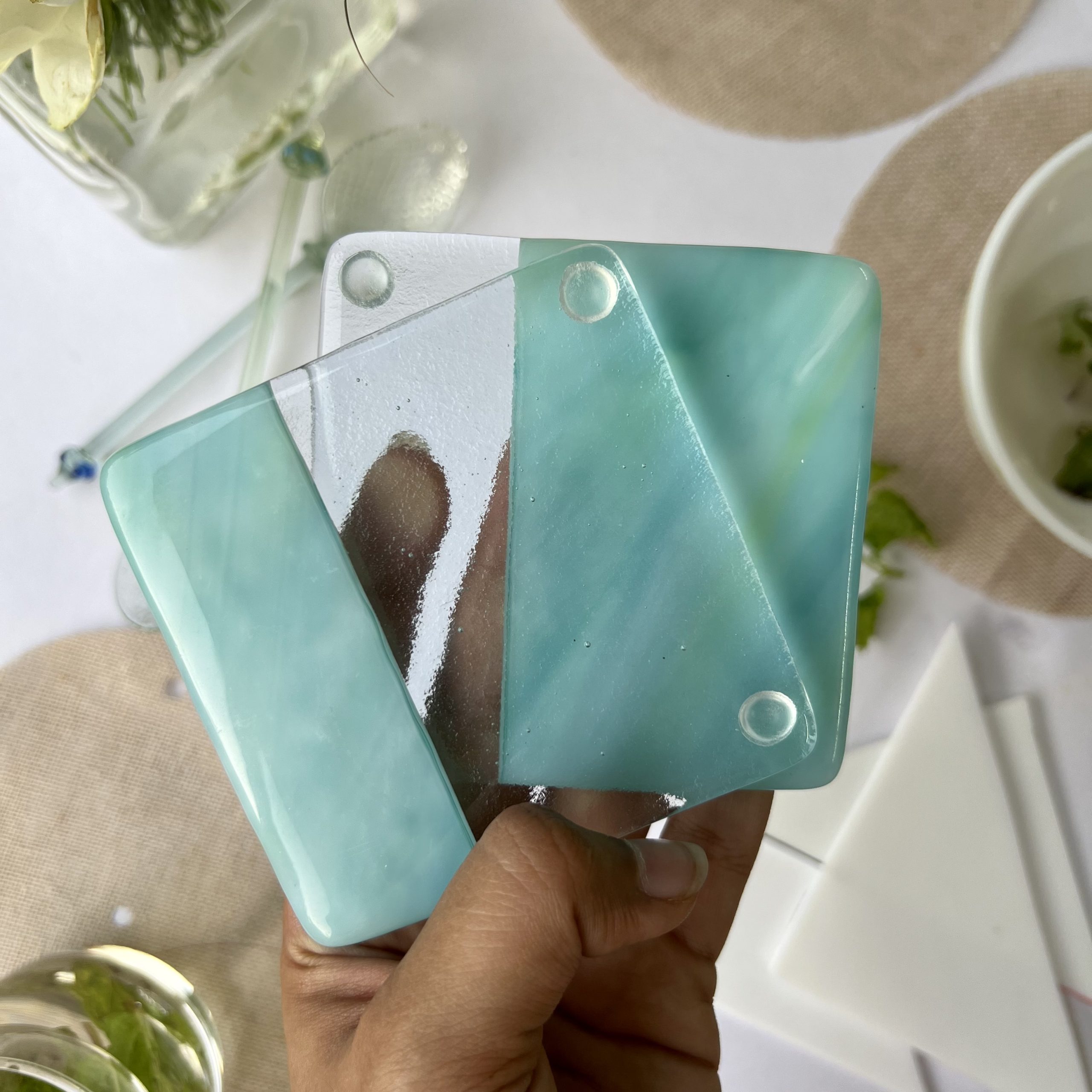 Ice Green & Clear Fused Glass Square Coasters