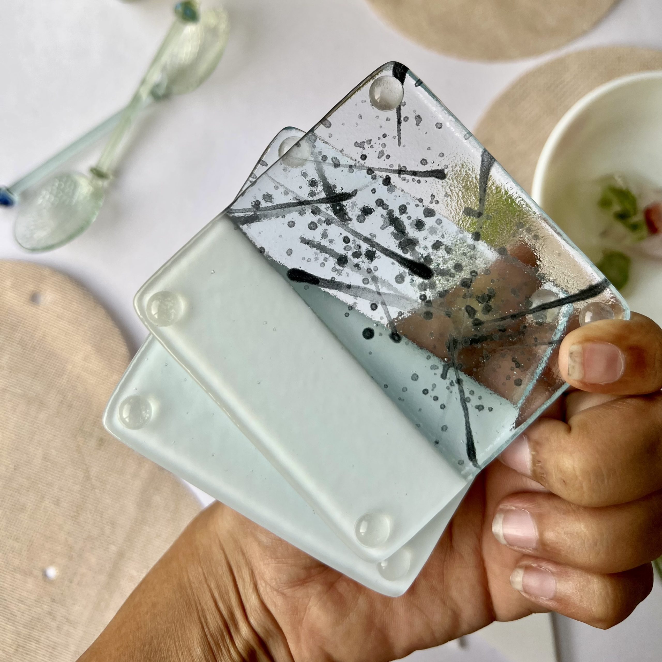 Even-Steven Splash & Solid Milk White Fused Glass Square Coasters