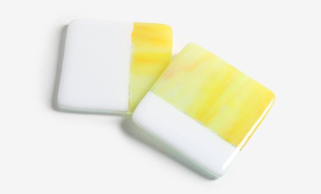 Flaxen Yellow & Solid Milk White Fused Glass Square Coasters