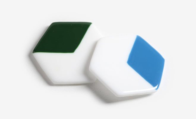 Blue/Green & Solid Milk White Fused Glass Hexagon Coasters