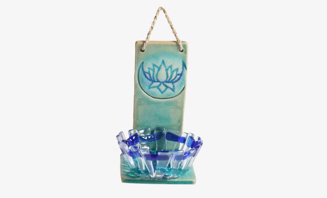 Teal & blue wall hanging with fused glass tea light holder