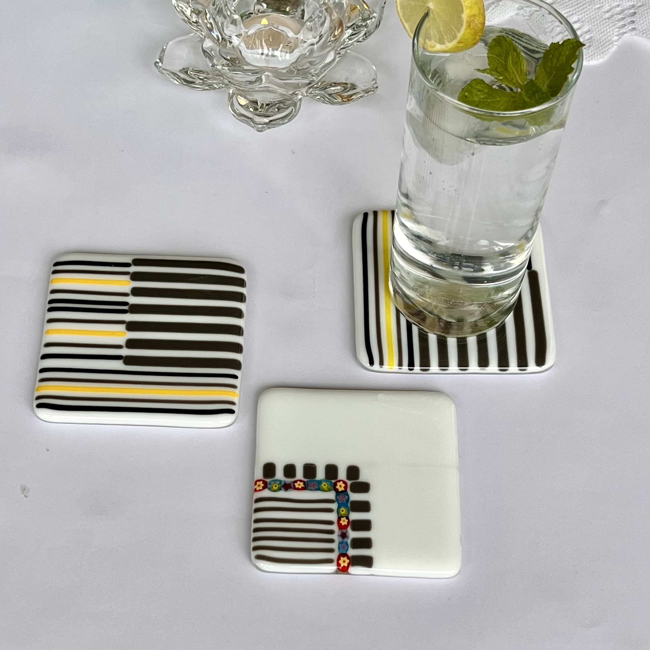 Charcoal Pinstripes with Tint of Colour Fused Glass Square Coasters